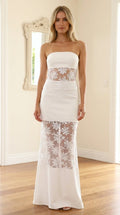 Front view of model wearing white strapless sequin mesh maxi dress