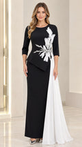 Full front view of black evening gown with 3/4 sleeves, crystal waist embellishment, and white cascading side train