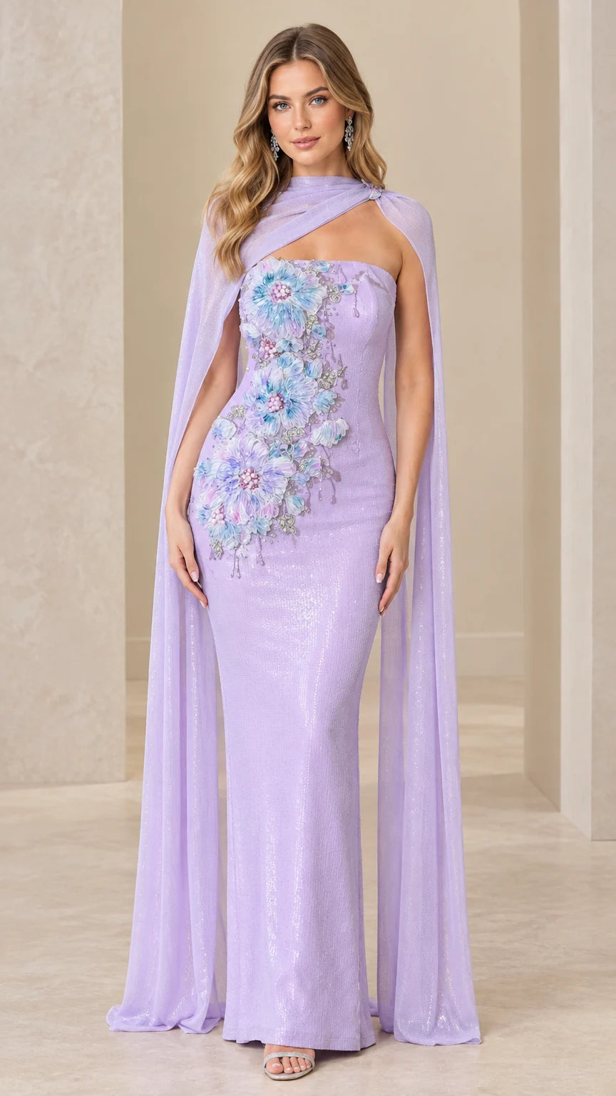 Front view of lavender floor-length evening gown with 3D floral appliqué and attached sheer cape