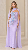 Front view of lavender floor-length evening gown with 3D floral appliqué and attached sheer cape