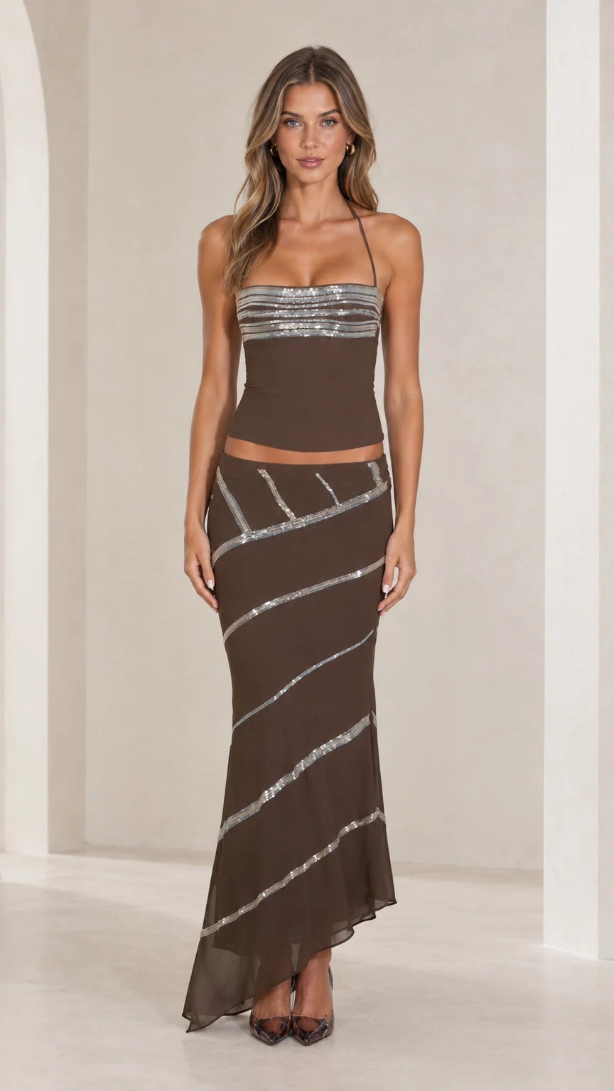Chocolate brown sequin trim halter top and maxi skirt two-piece set front view