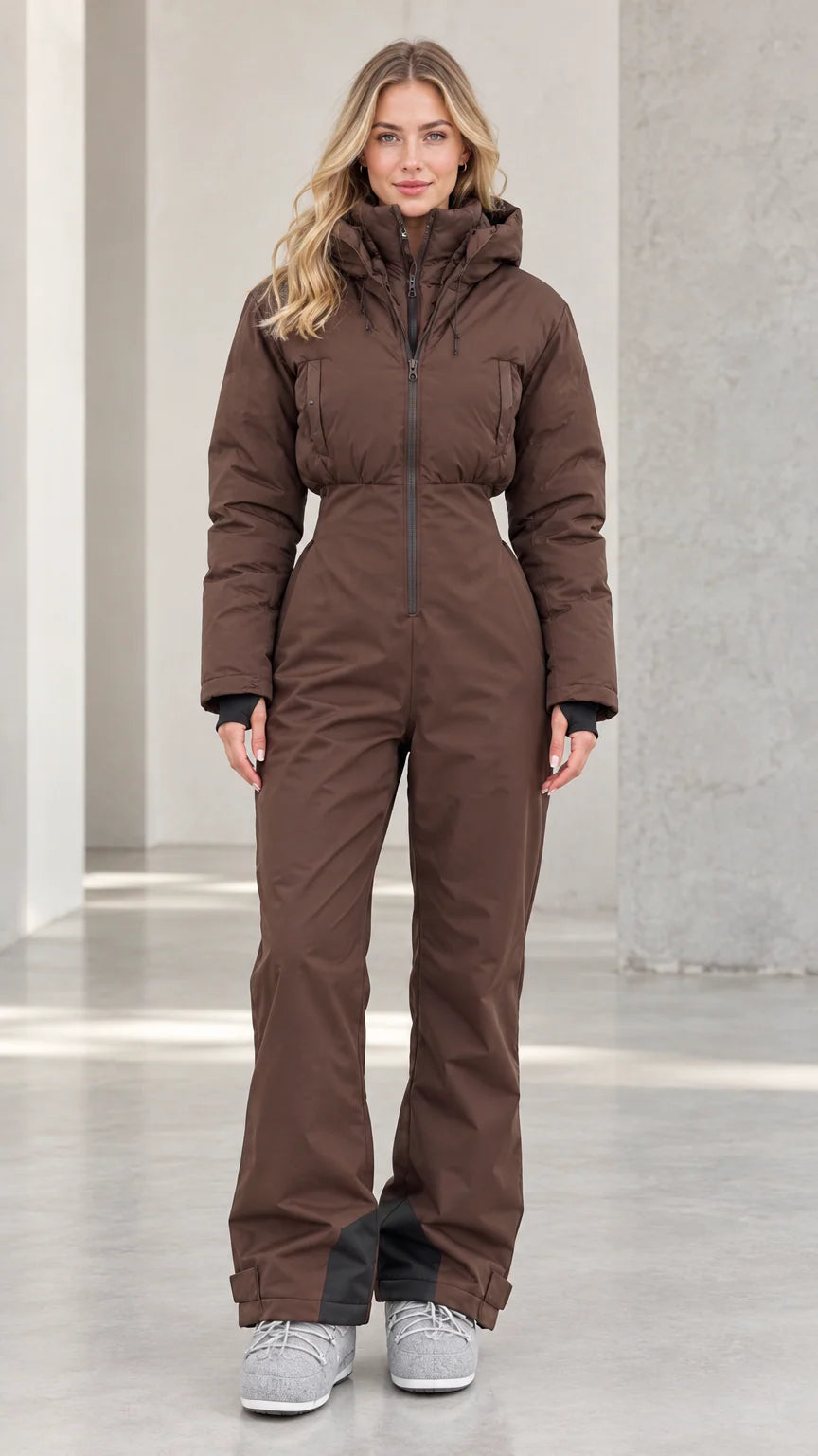 Front view of woman wearing chocolate brown one-piece hooded ski suit
