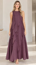 Front view of woman wearing Plum sleeveless cascading ruffle maxi dress