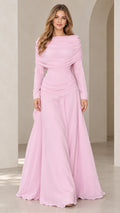 Full front view of model wearing pink long sleeve draped cowl neck evening gown