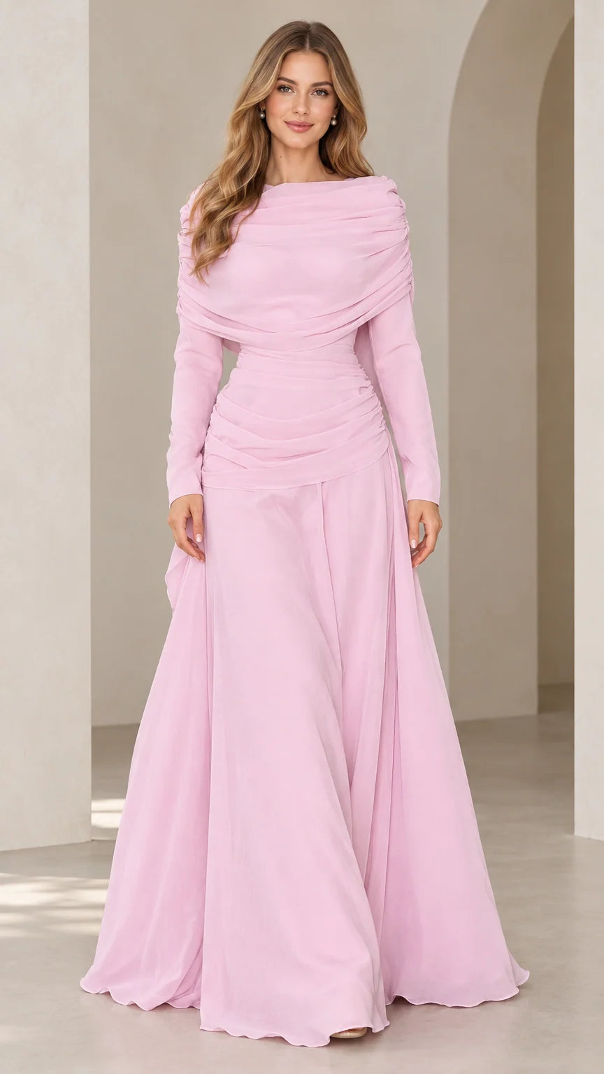 Full front view of model wearing pink long sleeve draped cowl neck evening gown
