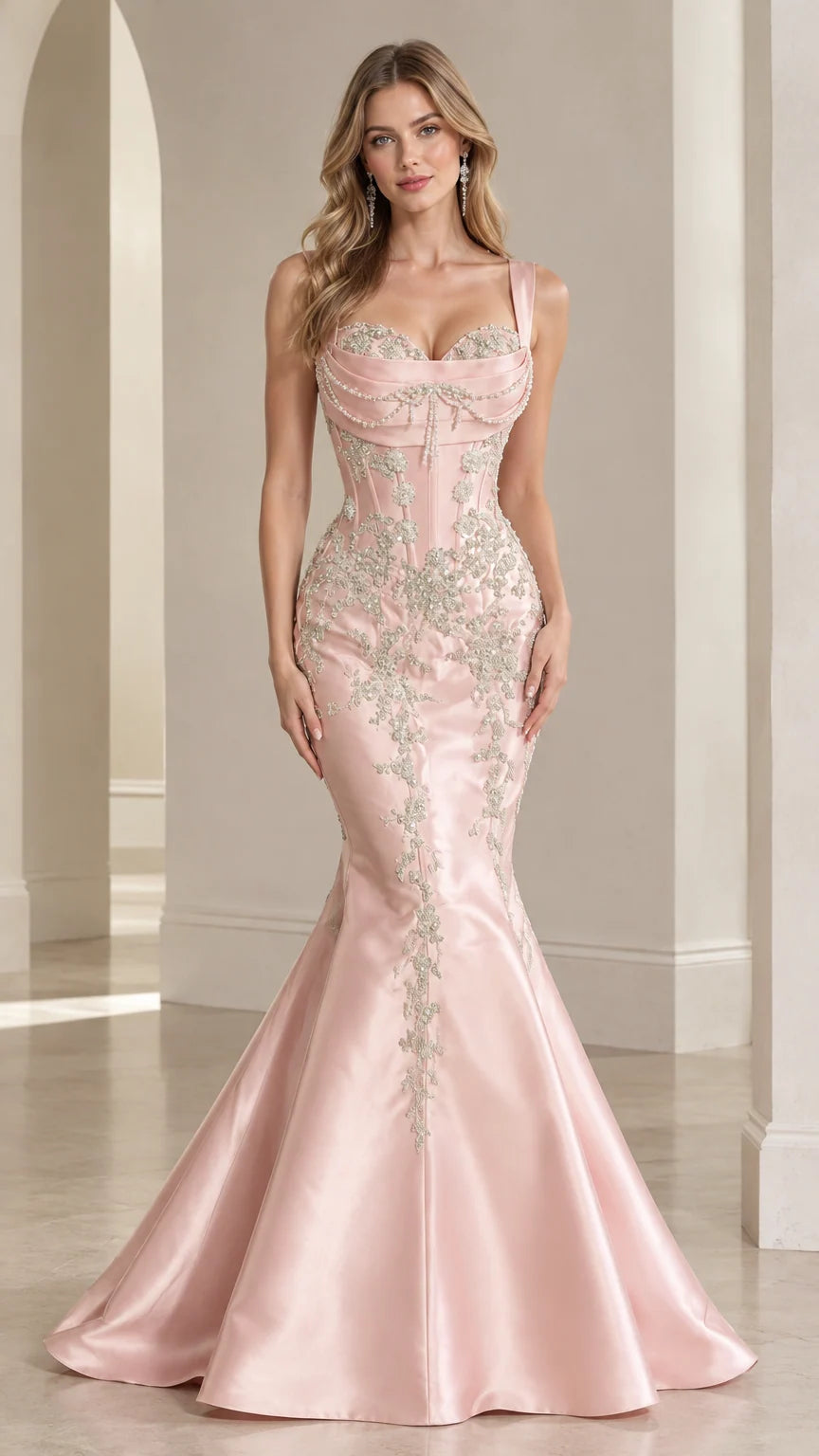 Front full-length view of model in blush pink beaded corset satin mermaid gown