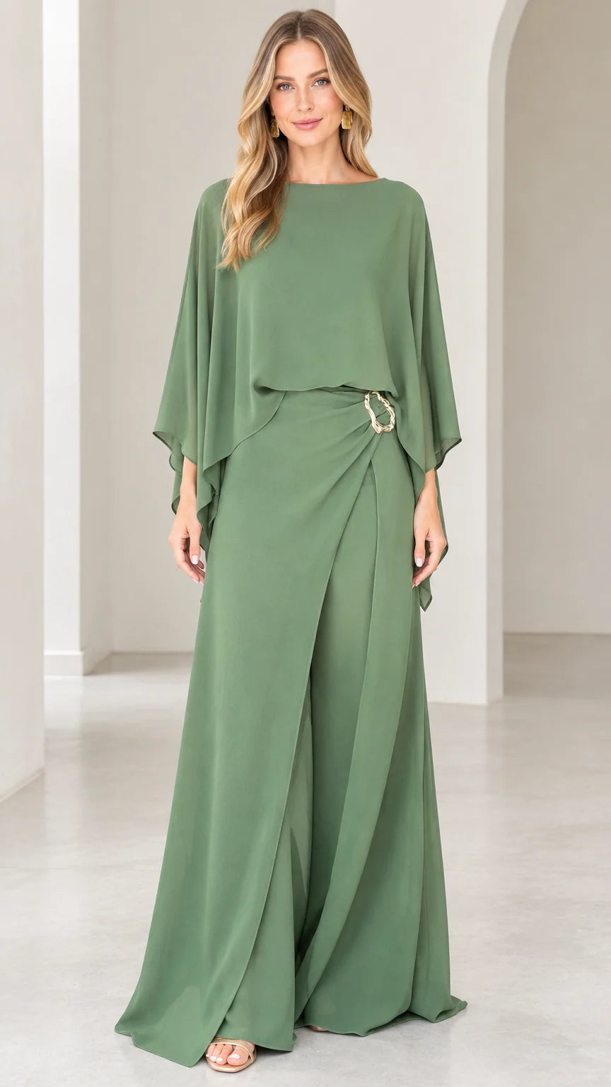 Sage green capelet overlay wide-leg evening jumpsuit front view