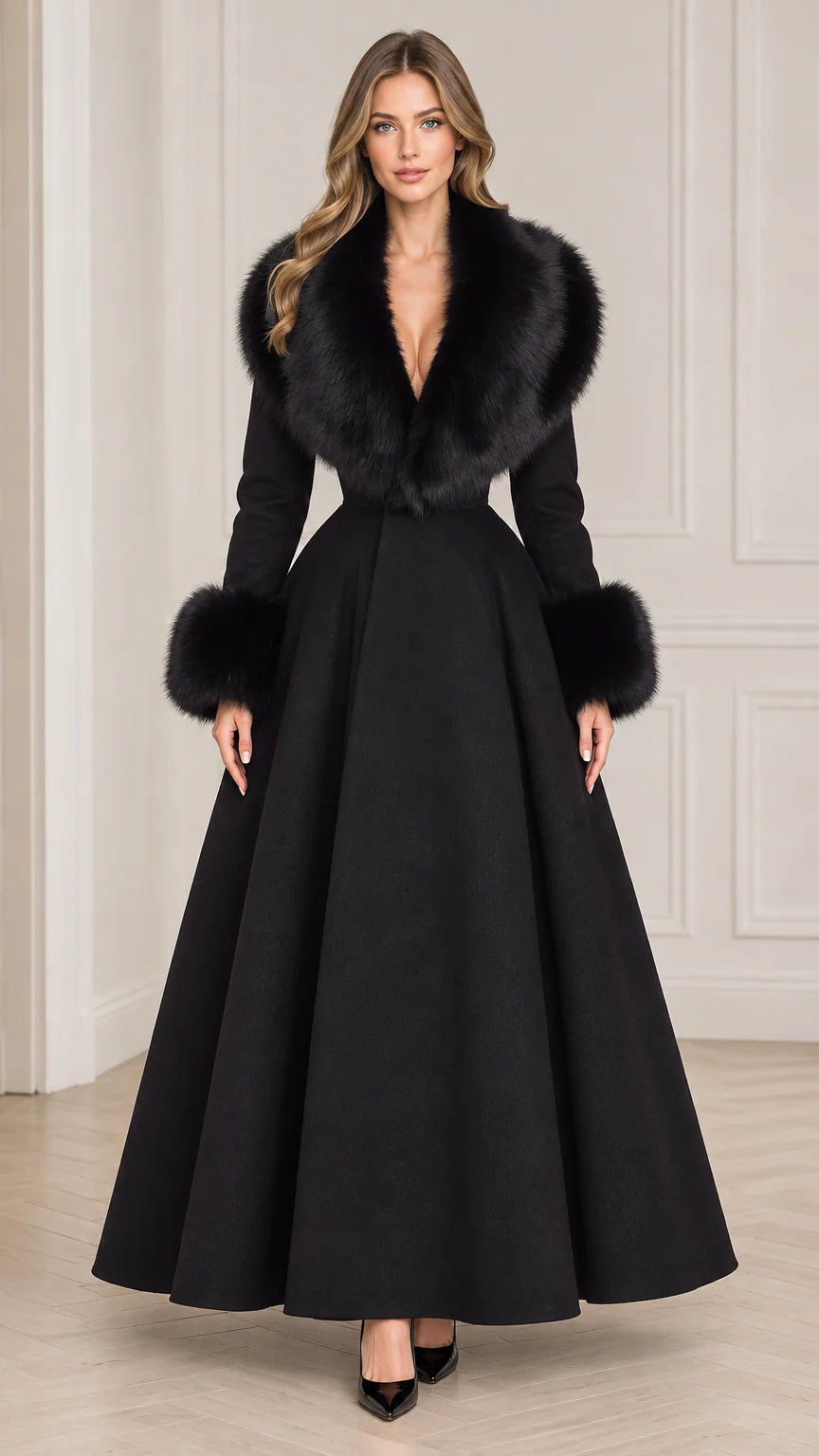 Model wearing long black faux fur collar maxi coat front view