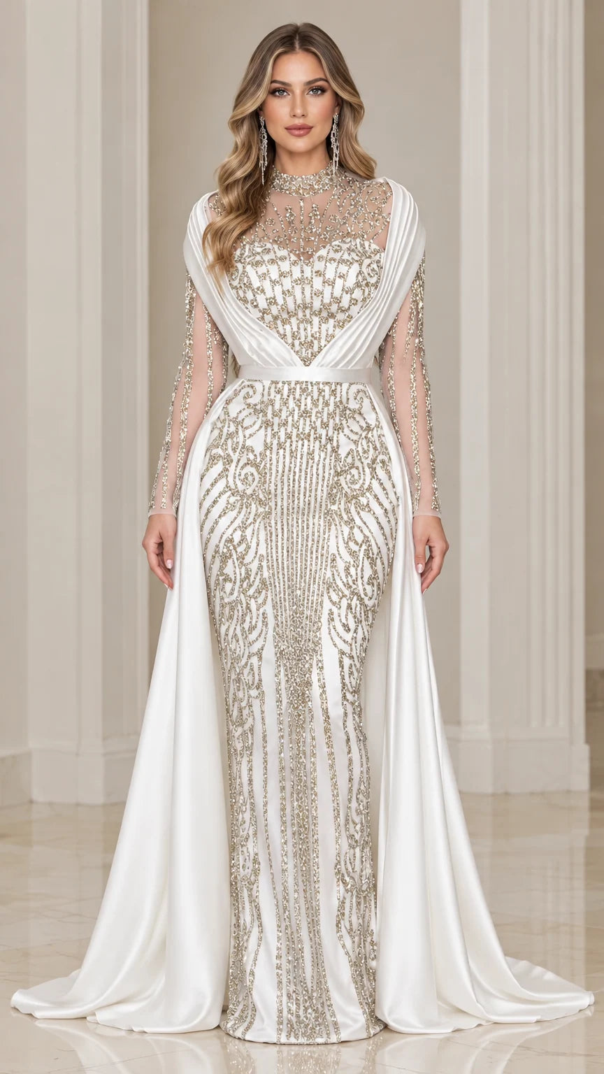 Full front view of white beaded illusion evening gown with satin side train