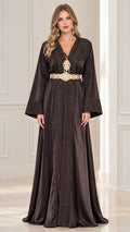 Front full view of black embroidered satin kaftan maxi dress with gold belt