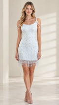 Front view of model wearing Ice Blue beaded fringe mini dress with draped shoulder straps
