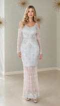 Model wearing Ice Blue cold shoulder sequin fringe maxi evening gown front view