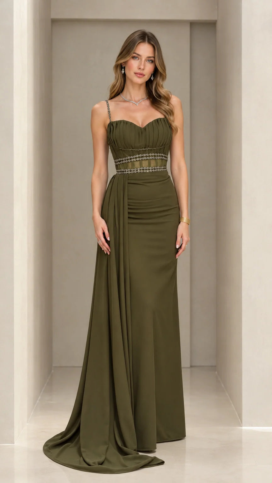 Front view of olive green pleated sweetheart maxi evening gown with side drape
