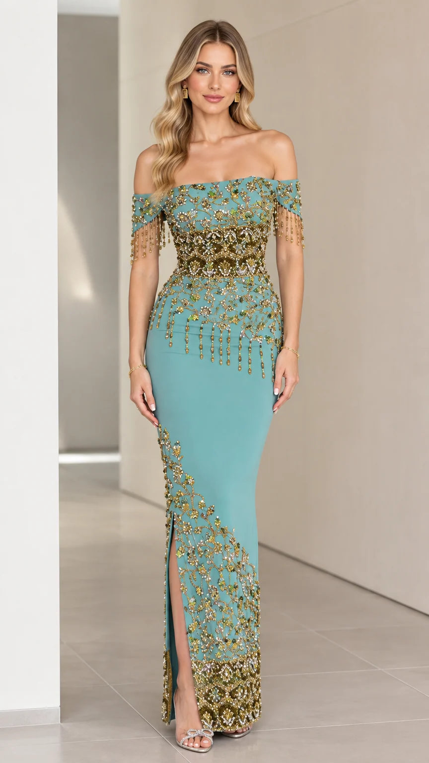 Front view of teal off-the-shoulder beaded fringe evening maxi gown with side slit