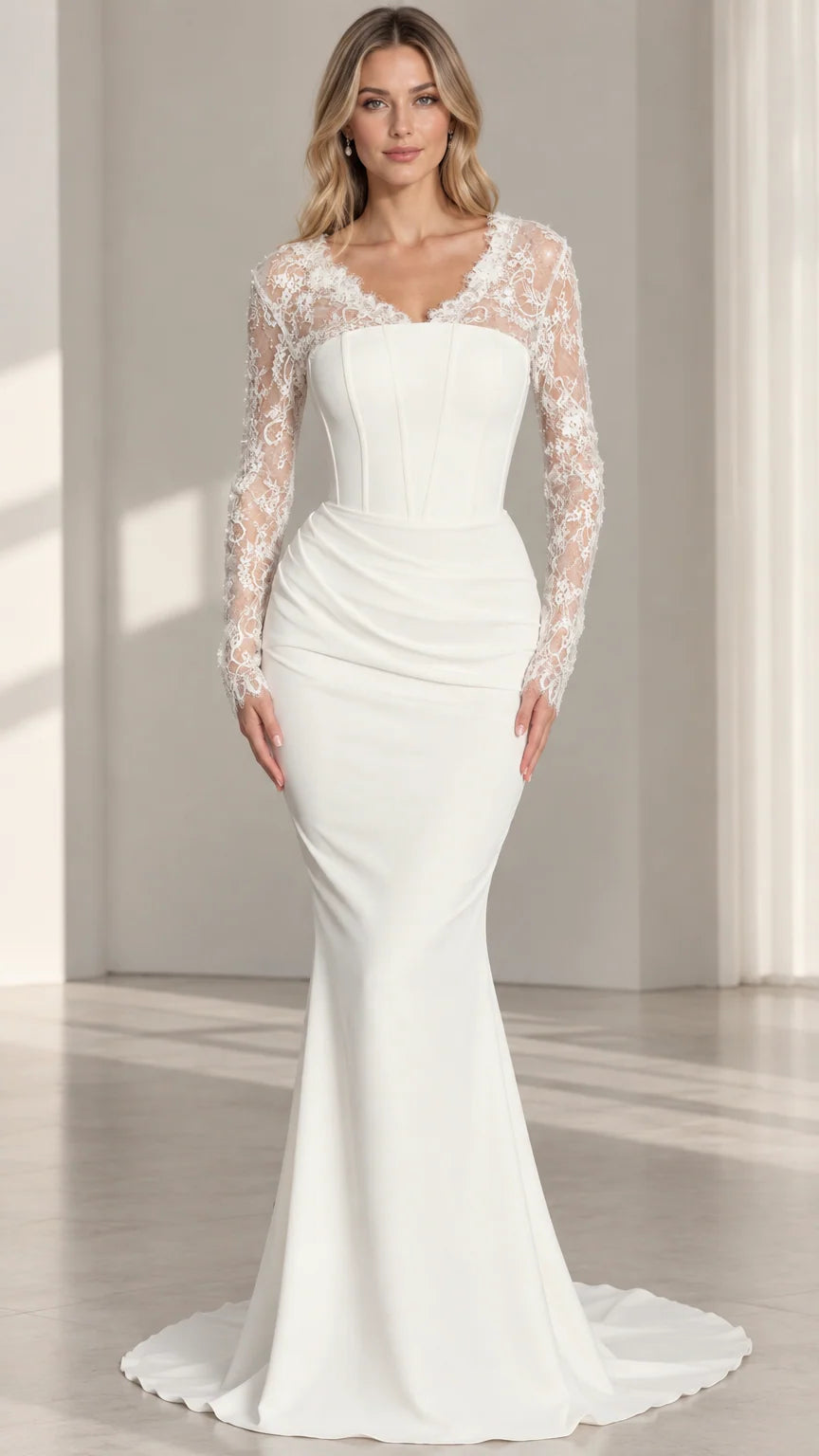 Front view of woman wearing white corset mermaid gown with lace long sleeves