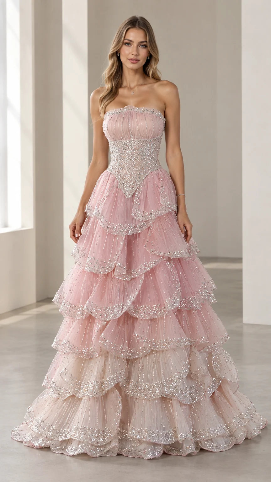 Front full-length view of the strapless beaded basque waist tiered tulle evening gown in Blush Pink