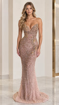 Full front view of dusty rose strapless beaded mermaid evening gown