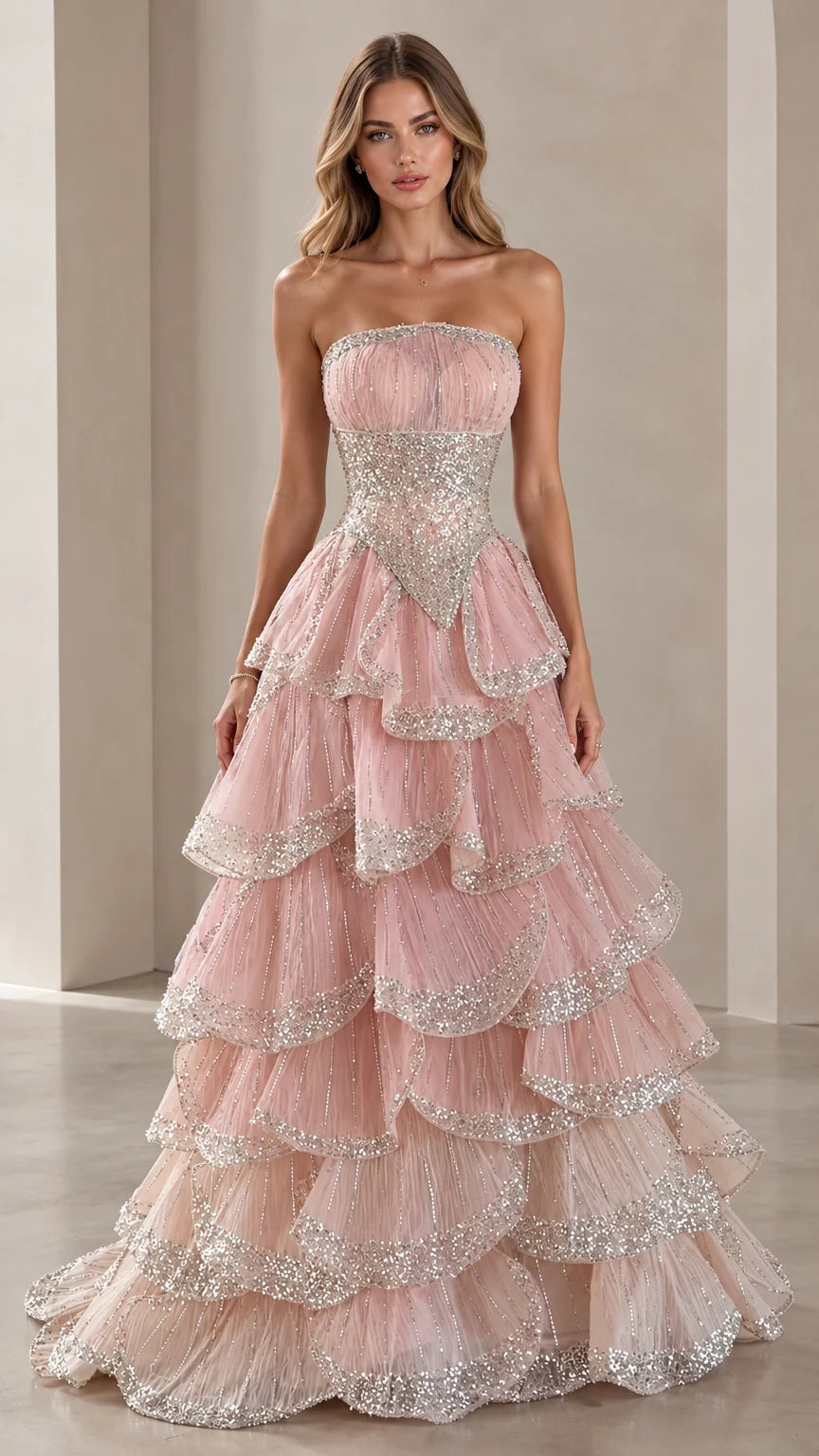 Front view of model wearing Blush Pink strapless sequin tiered ball gown