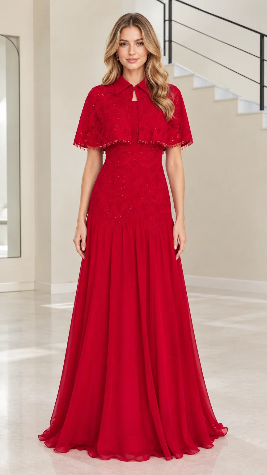 Front view of woman wearing red capelet evening dress with beaded lace bodice