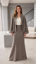 Women's embroidered jacket and maxi skirt two-piece set in taupe front view