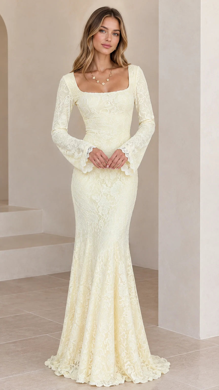 Ivory square neck long bell sleeve floral lace mermaid maxi dress front view
