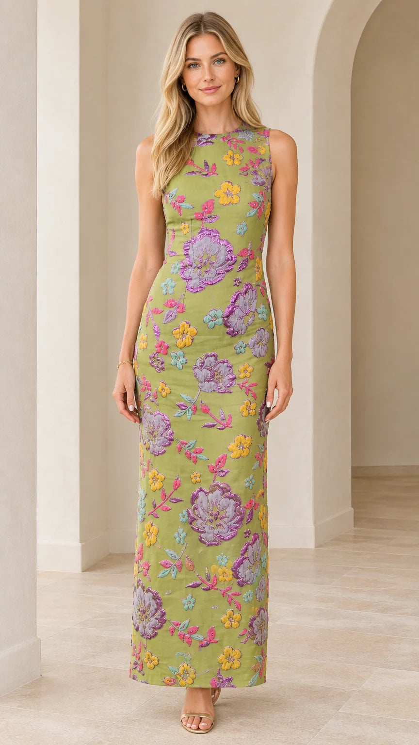 Front view of woman wearing floral embroidered sleeveless maxi dress in sage green