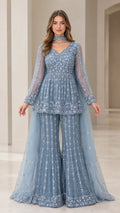 Dusty Blue embroidered peplum sharara suit set front view