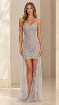 Silver off-the-shoulder beaded evening gown with sheer fringe overlay front view