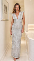 Front view of model wearing Silver embroidered lace plunge V-neck evening gown