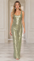 Front view of model wearing sage green sequin scoop neck sleeveless maxi evening dress