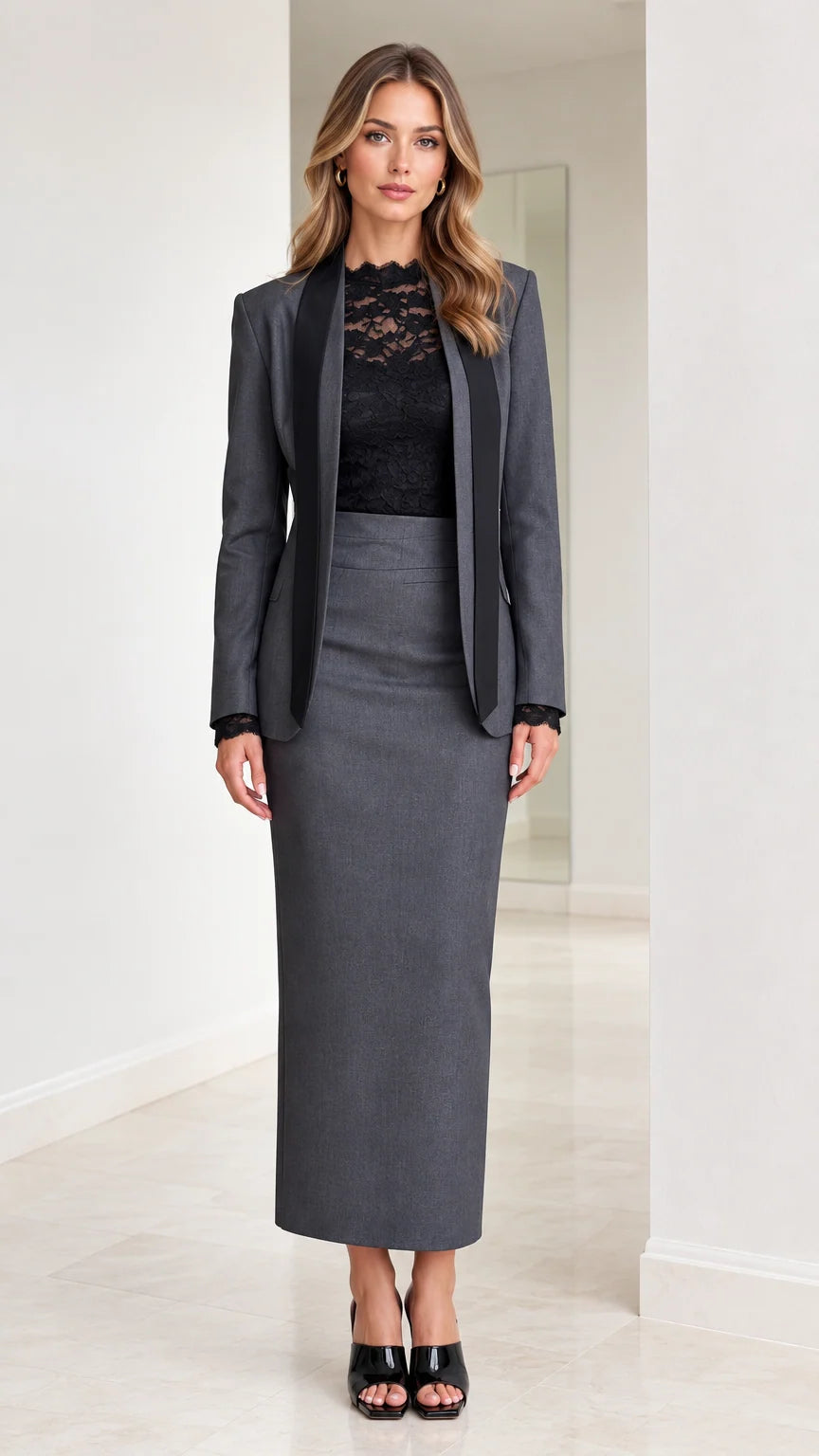 Front full-length view of woman wearing charcoal grey tailored blazer and maxi skirt suit with black lapel trim