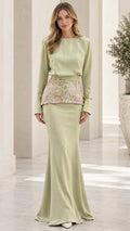 Sage Green long sleeve evening maxi dress with floral embroidered waist panel