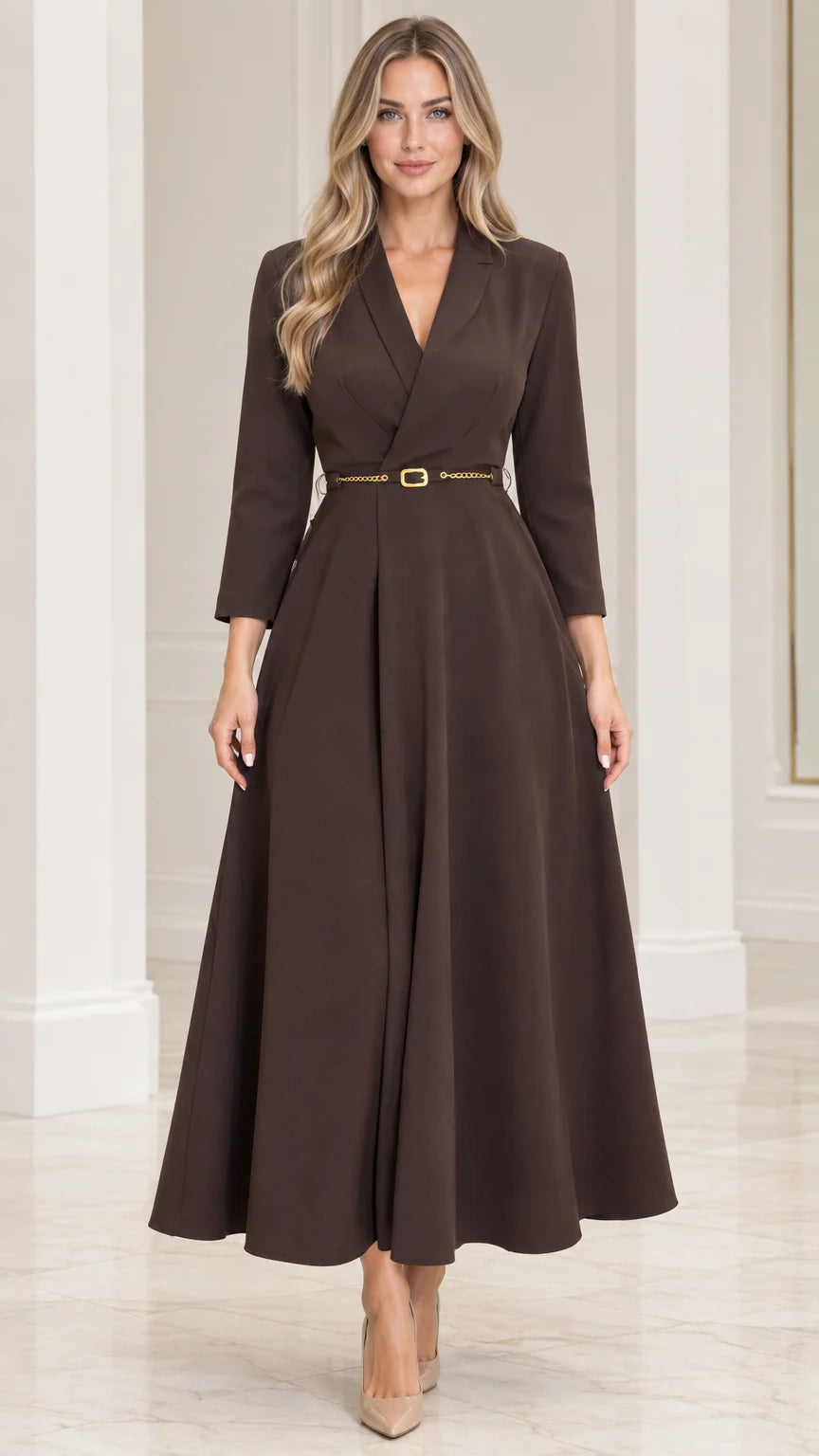 Front view of model wearing dark brown lapel collar belted A-line maxi dress