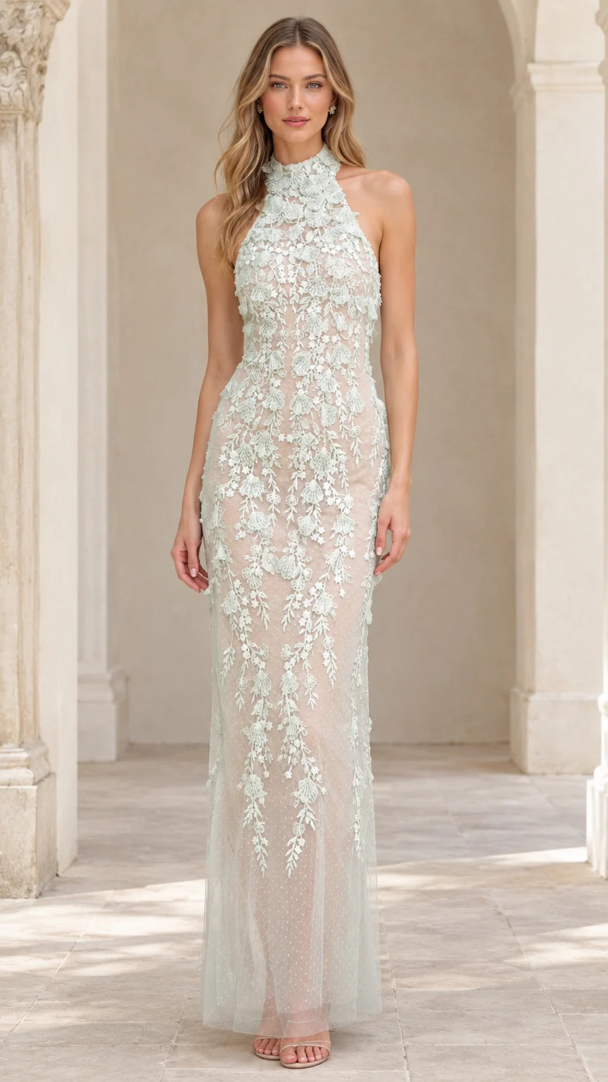 Front view of model wearing Sage Green 3D floral applique halter neck maxi evening gown