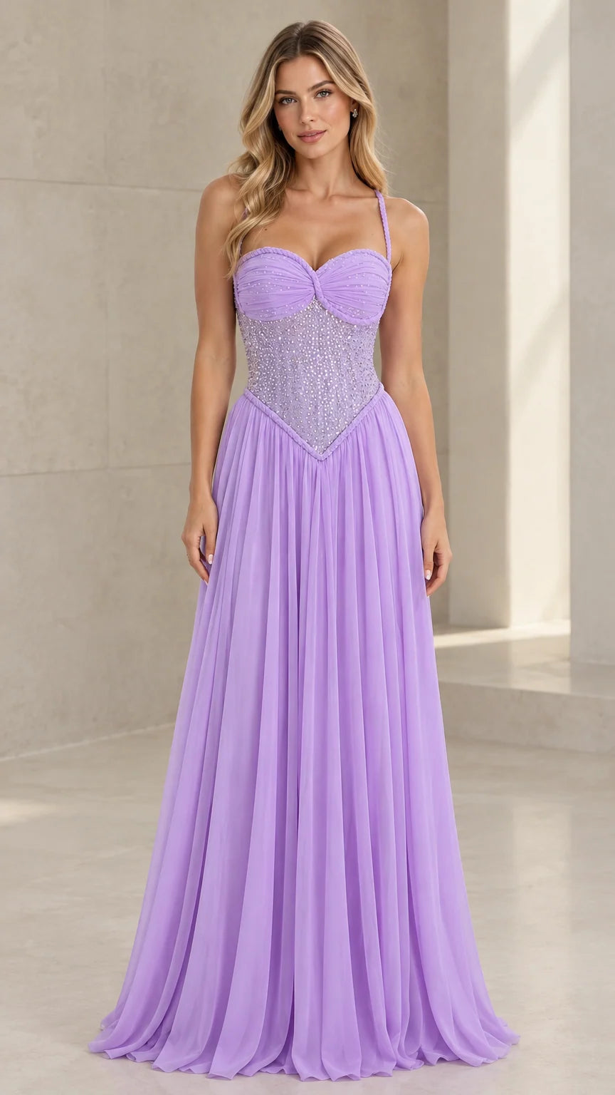 Front view of model wearing Lilac sweetheart beaded corset pleated chiffon maxi dress