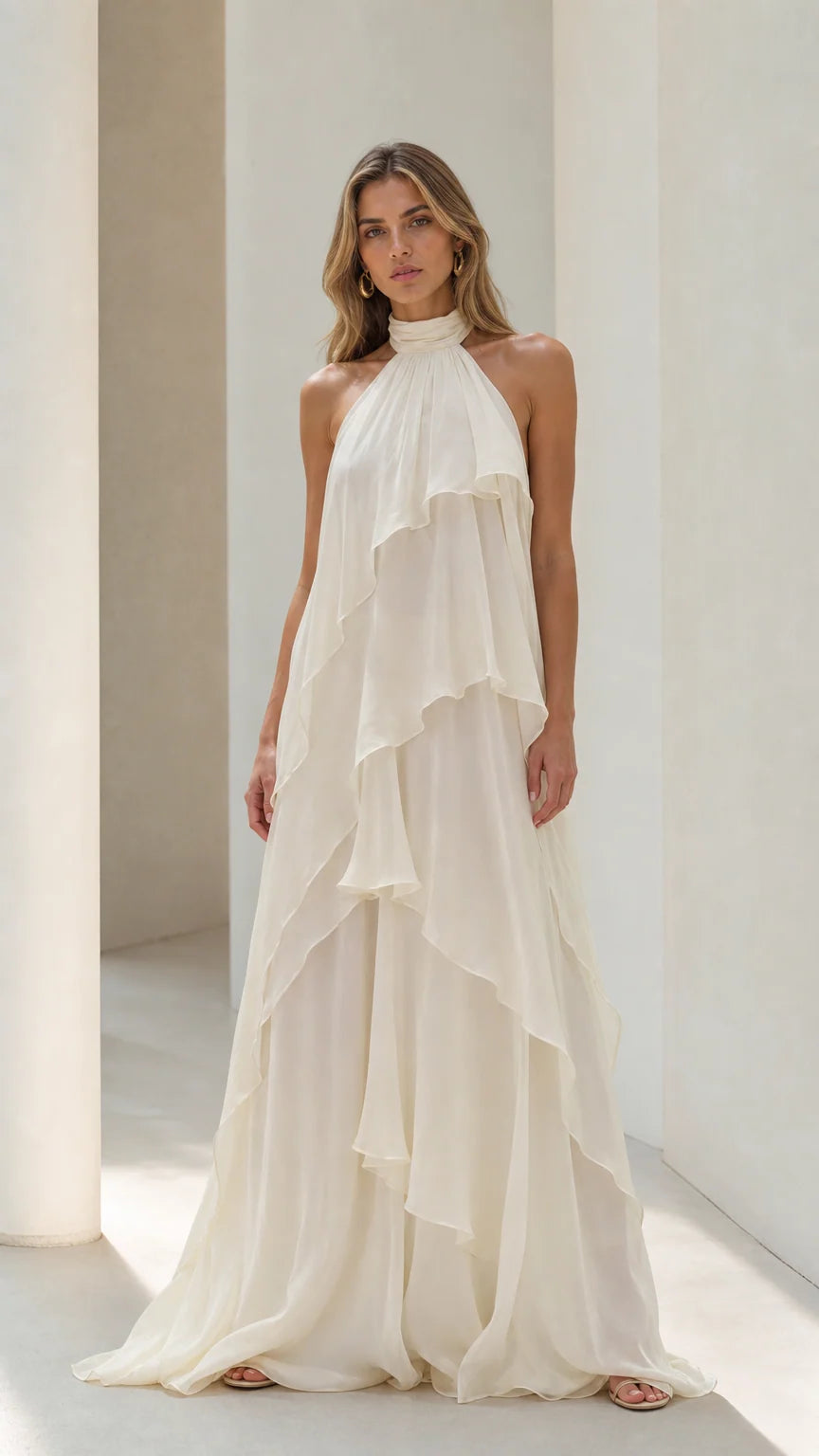 Ivory halter neck tiered ruffle maxi dress front view