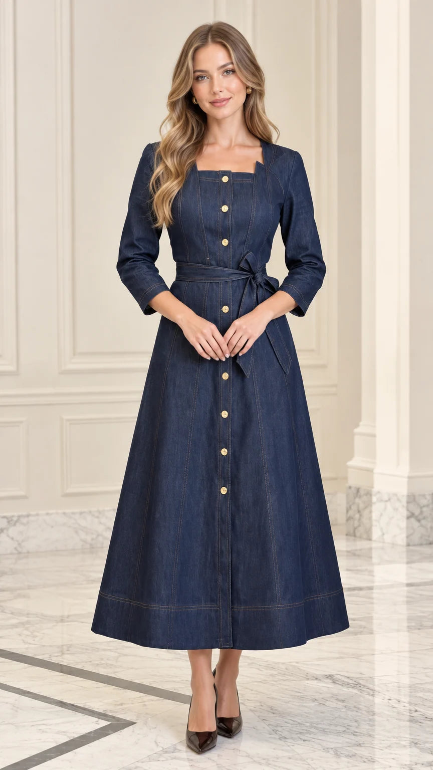 Full front view of model wearing Indigo Blue square neck denim midi dress with waist belt