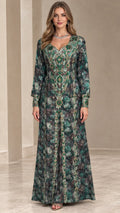 Front full view of woman wearing emerald green embroidered floral long sleeve maxi dress