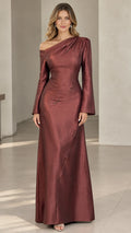 Burgundy one-shoulder long sleeve evening gown full front view