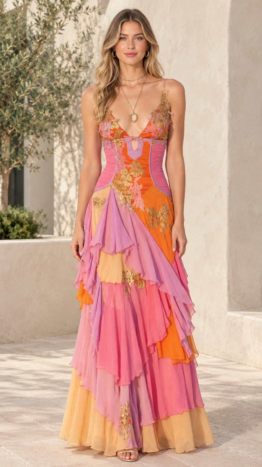Front view of model wearing Sunset Multi tiered ruffle embroidered maxi evening dress