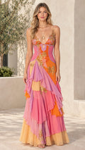 Front view of model wearing Sunset Multi tiered ruffle embroidered maxi evening dress