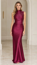 Wine high neck sleeveless evening gown with embellished bodice and satin skirt front view