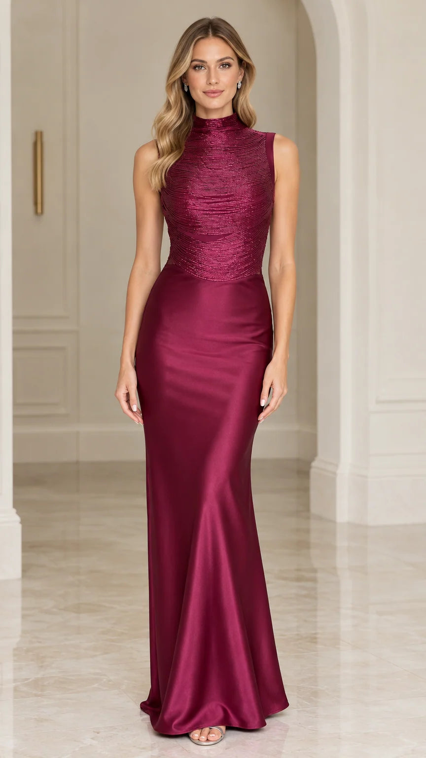 Wine high neck sleeveless evening gown with embellished bodice and satin skirt front view