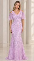Front view of model wearing lavender embroidered beaded cold-shoulder evening gown