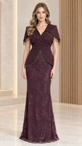 Front view of burgundy beaded capelet peplum evening gown with lace skirt