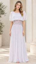 Front view of lavender pleated chiffon maxi dress with puff sleeves and beaded waist