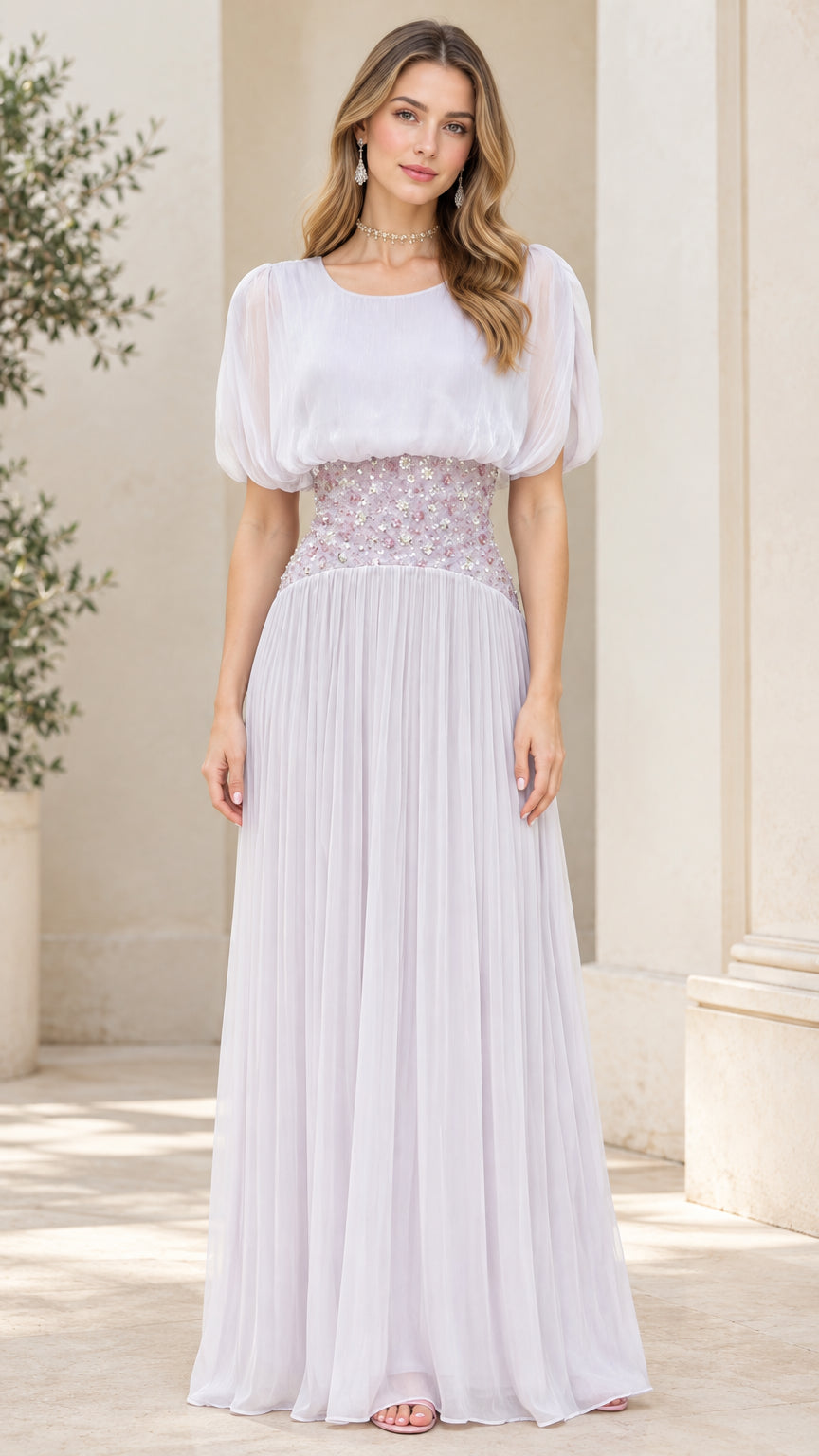 Front view of lavender pleated chiffon maxi dress with puff sleeves and beaded waist