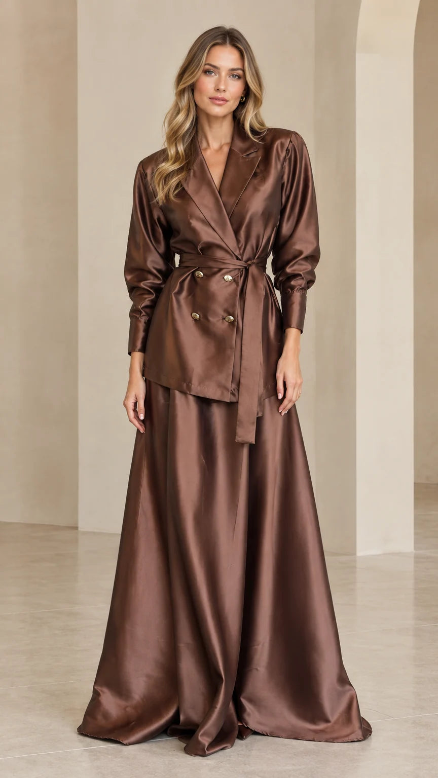 Front view of woman wearing chocolate brown satin belted blazer and maxi skirt set