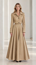 Full front view of khaki long sleeve pleated trench maxi dress