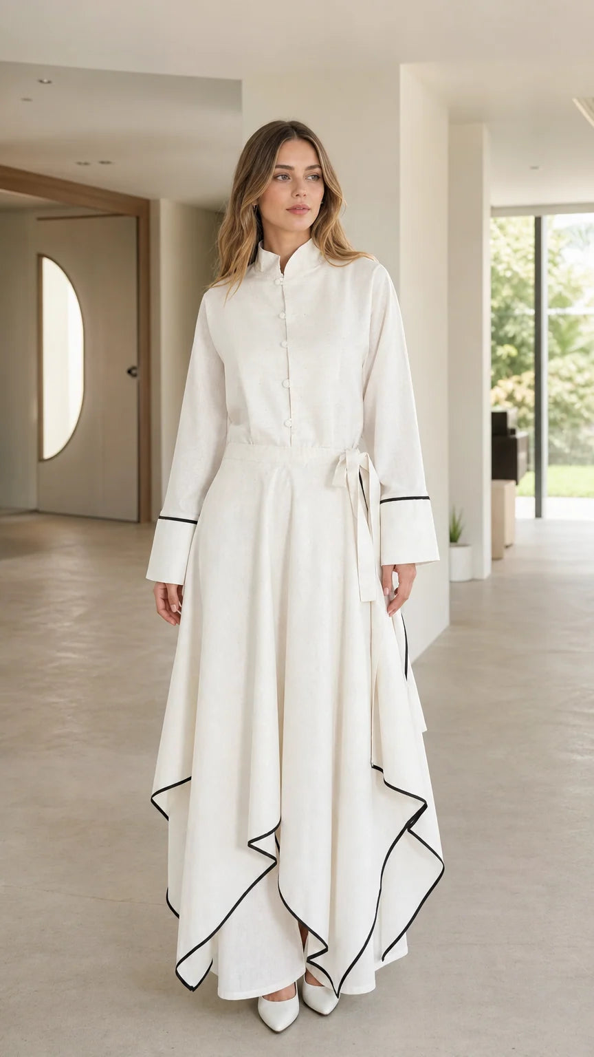 Front view of woman wearing white long sleeve maxi dress with contrast trim